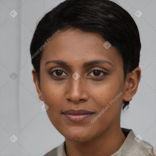 Joyful latino young-adult female with short  black hair and brown eyes