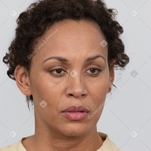 Neutral black adult female with short  brown hair and brown eyes