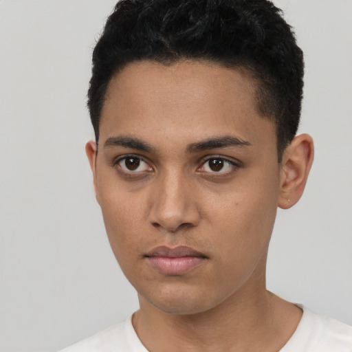 Neutral white young-adult male with short  black hair and brown eyes