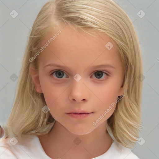 Neutral white child female with medium  brown hair and blue eyes