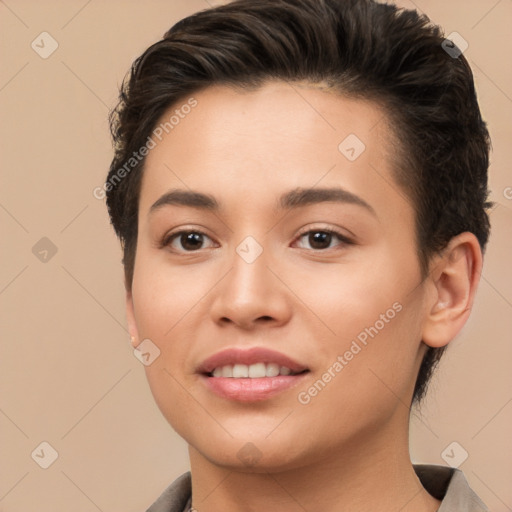 Joyful white young-adult female with short  brown hair and brown eyes