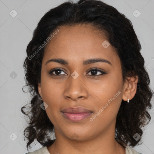 Joyful black young-adult female with medium  black hair and brown eyes