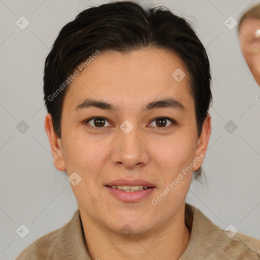 Joyful white young-adult female with short  brown hair and brown eyes