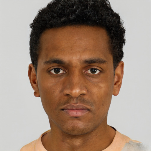 Neutral black adult male with short  black hair and brown eyes