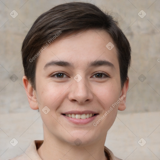 Joyful white young-adult female with short  brown hair and brown eyes