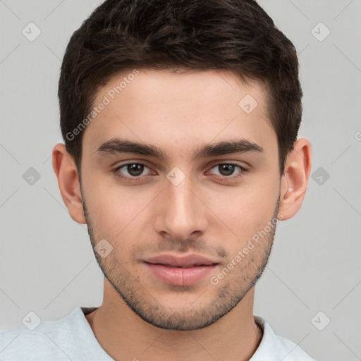 Neutral white young-adult male with short  brown hair and brown eyes