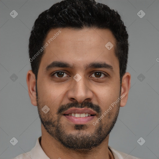 Joyful latino young-adult male with short  black hair and brown eyes