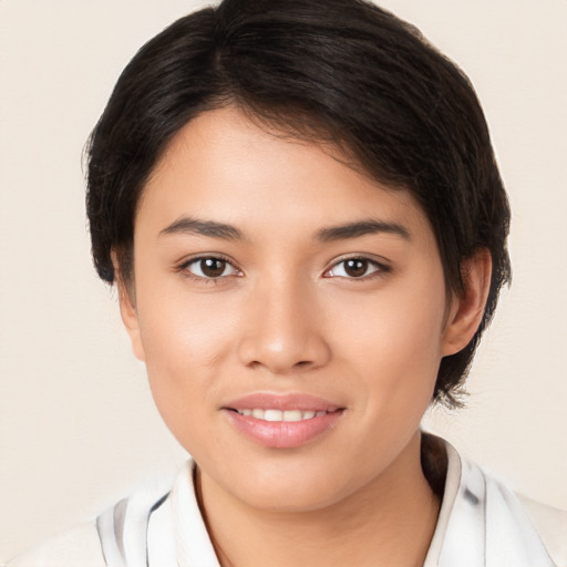 Joyful white young-adult female with medium  brown hair and brown eyes