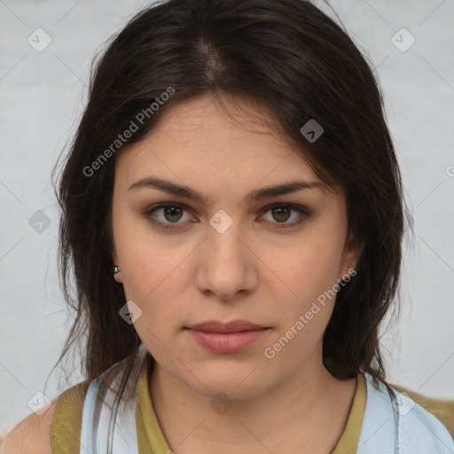 Neutral white young-adult female with medium  brown hair and brown eyes