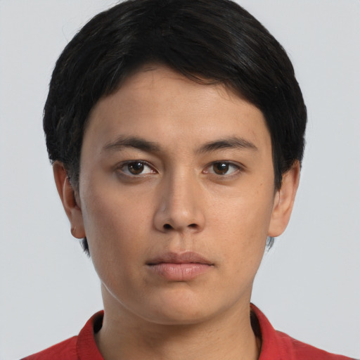 Neutral asian young-adult male with short  brown hair and brown eyes