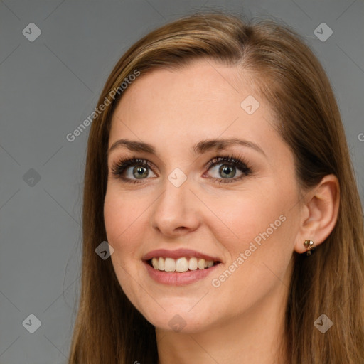 Joyful white young-adult female with long  brown hair and grey eyes