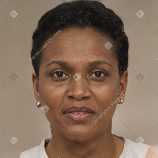 Joyful black adult female with short  black hair and brown eyes