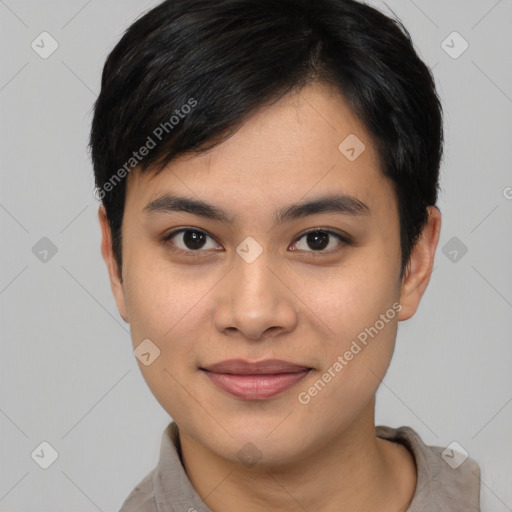 Joyful asian young-adult female with short  brown hair and brown eyes