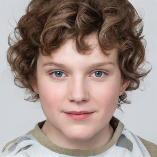 Joyful white child female with medium  brown hair and blue eyes