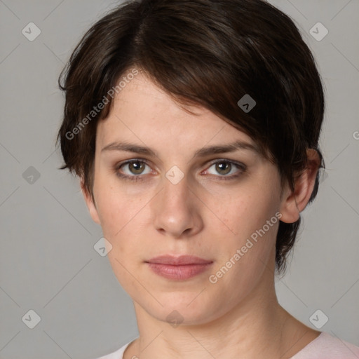 Neutral white young-adult female with medium  brown hair and grey eyes