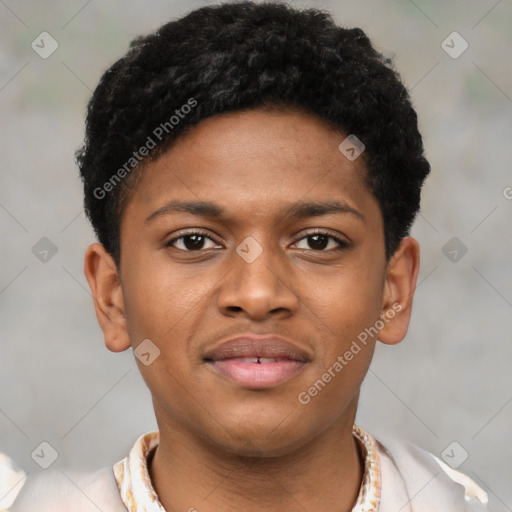 Joyful latino young-adult male with short  brown hair and brown eyes