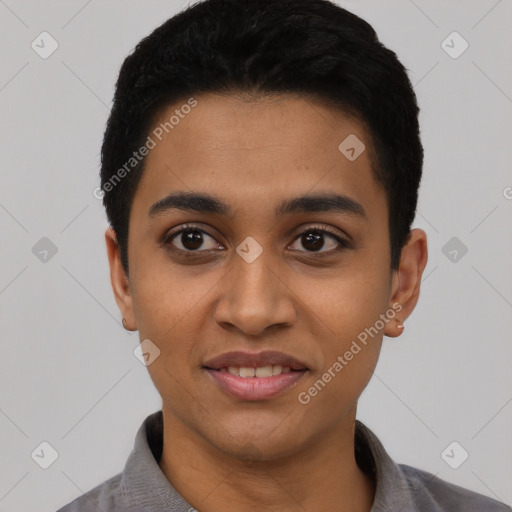 Joyful latino young-adult female with short  black hair and brown eyes