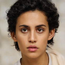 Neutral latino young-adult female with medium  brown hair and brown eyes
