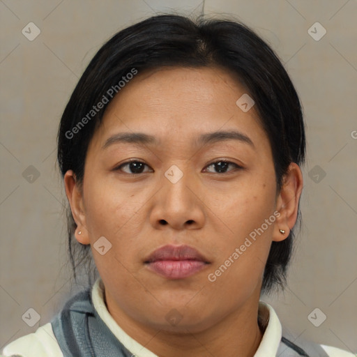 Neutral asian young-adult female with medium  brown hair and brown eyes