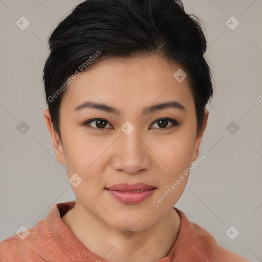 Joyful asian young-adult female with short  brown hair and brown eyes