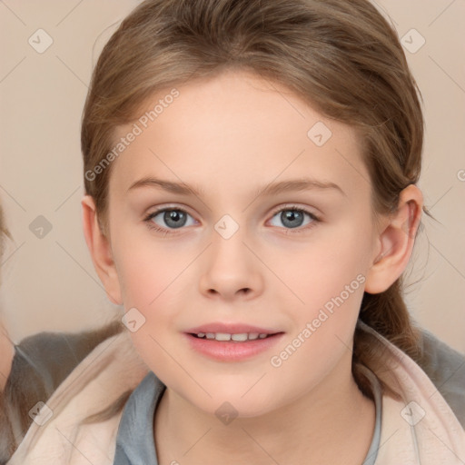 Joyful white child female with medium  brown hair and brown eyes