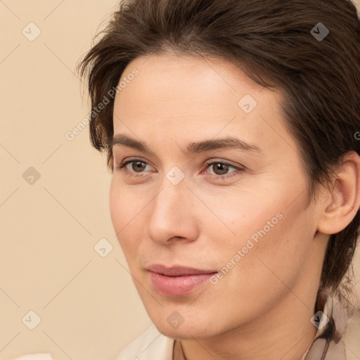 Neutral white young-adult female with short  brown hair and brown eyes