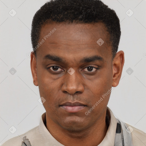 Neutral black young-adult male with short  black hair and brown eyes
