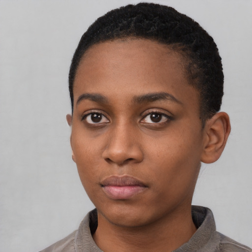 Neutral black young-adult female with short  black hair and brown eyes