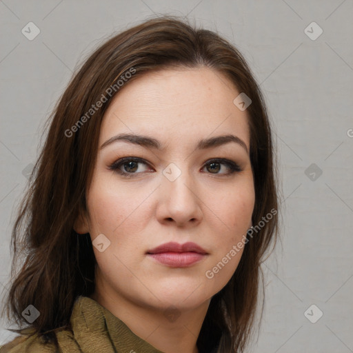 Neutral white young-adult female with medium  brown hair and brown eyes