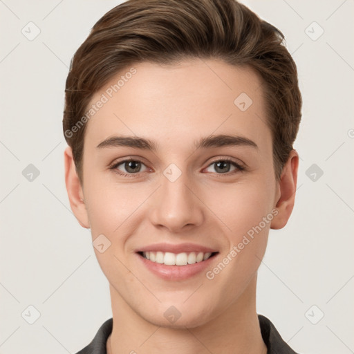 Joyful white young-adult female with short  brown hair and grey eyes