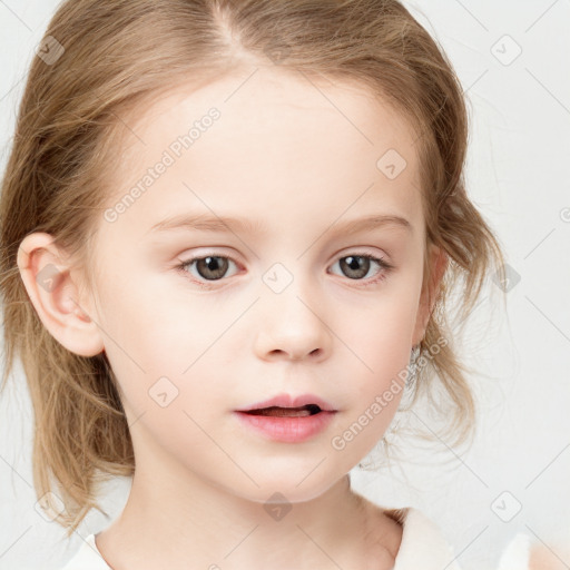 Neutral white child female with medium  brown hair and blue eyes