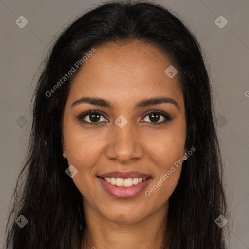 Joyful latino young-adult female with long  brown hair and brown eyes