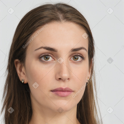 Neutral white young-adult female with long  brown hair and grey eyes