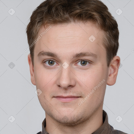 Neutral white young-adult male with short  brown hair and grey eyes