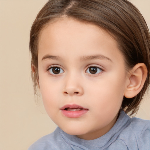 Joyful white child female with medium  brown hair and brown eyes