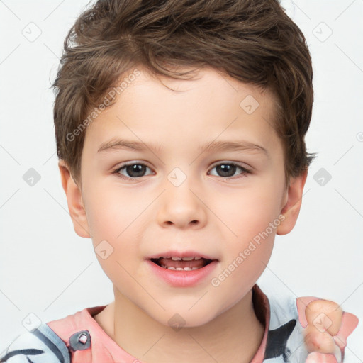 Joyful white child male with short  brown hair and brown eyes