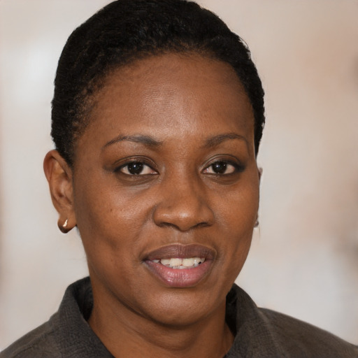 Joyful black adult female with short  black hair and brown eyes
