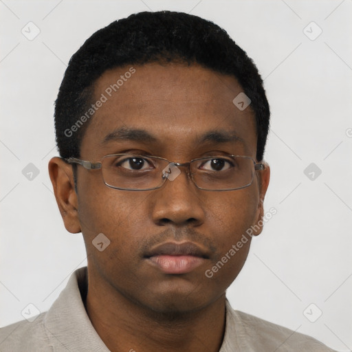 Neutral black young-adult male with short  black hair and brown eyes