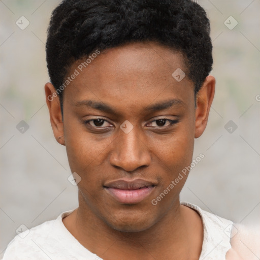 Neutral black young-adult male with short  black hair and brown eyes