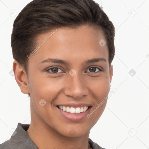 Joyful white young-adult female with short  brown hair and brown eyes