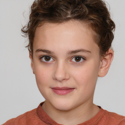 Joyful white child female with short  brown hair and brown eyes