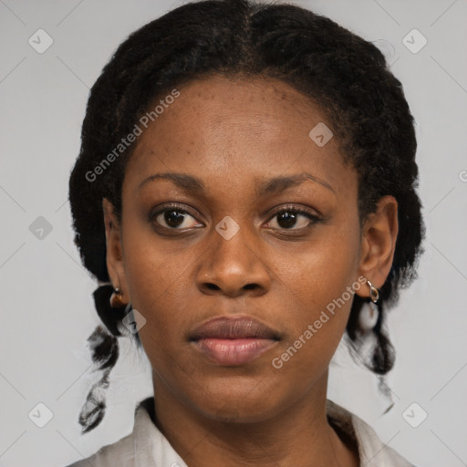 Neutral black young-adult female with medium  black hair and brown eyes