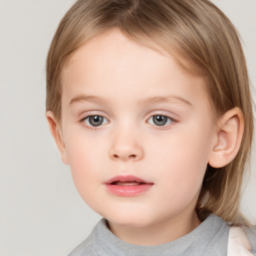 Neutral white child female with medium  brown hair and grey eyes