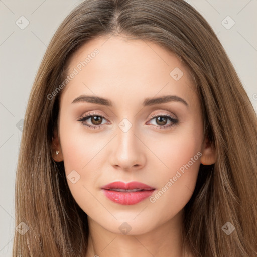 Neutral white young-adult female with long  brown hair and brown eyes