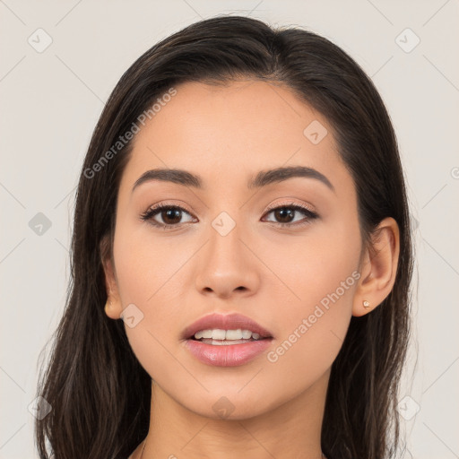 Joyful white young-adult female with long  brown hair and brown eyes