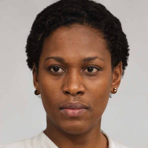 Neutral black young-adult female with short  black hair and brown eyes