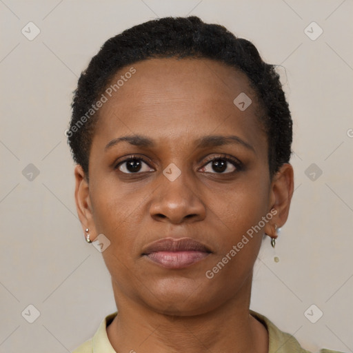 Neutral black young-adult female with short  brown hair and brown eyes