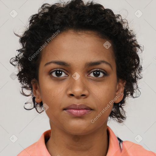 Neutral black young-adult female with medium  brown hair and brown eyes