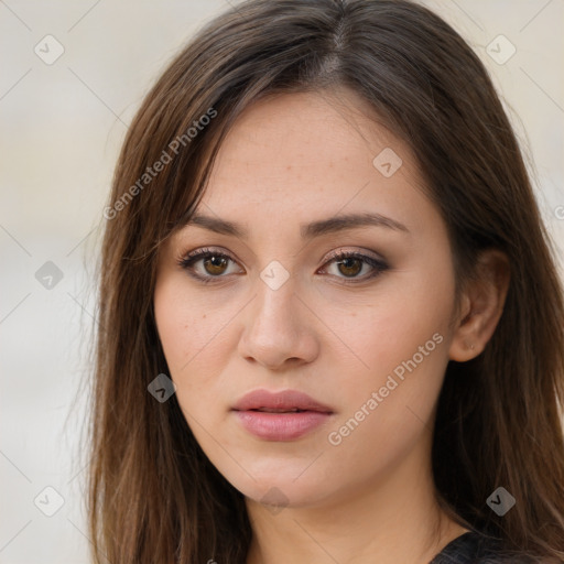 Neutral white young-adult female with long  brown hair and brown eyes