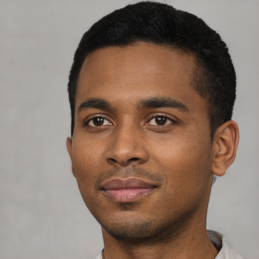 Neutral black young-adult male with short  black hair and brown eyes